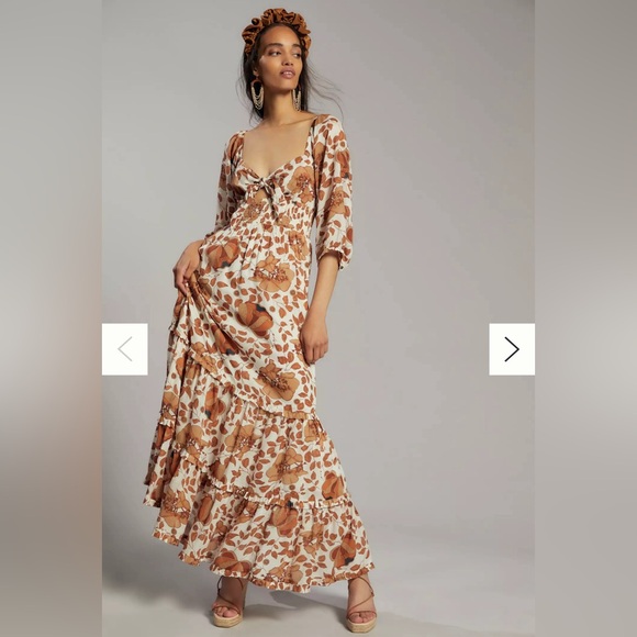 Anthropologie Dresses & Skirts - Anthropologie Maxi Dress Floral Knot Bust Cutout Tiered Cream Brown Medium